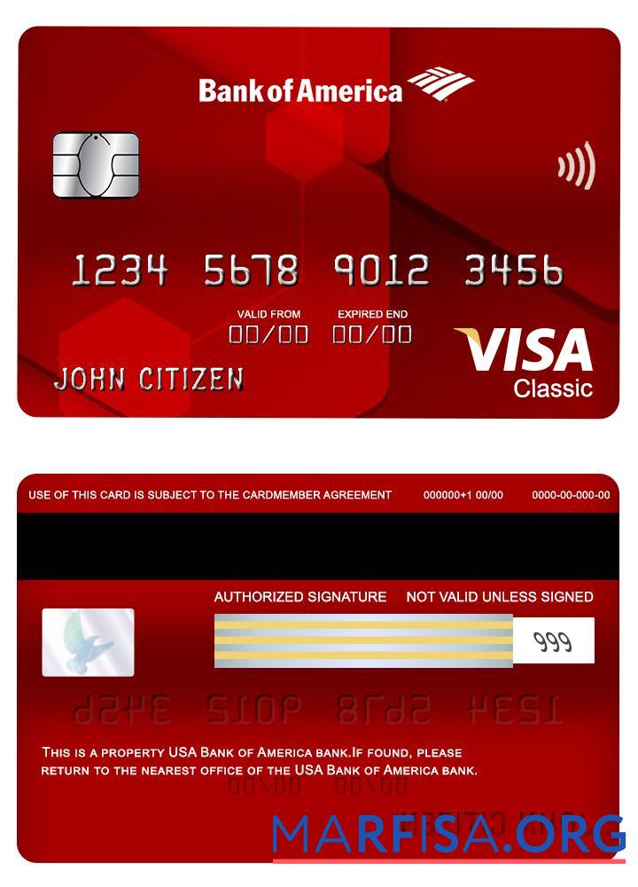 Downloadable USA Bank of America bank visa classic card download for verification